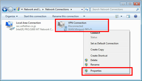 Select newly created connection, right click, Proprieties